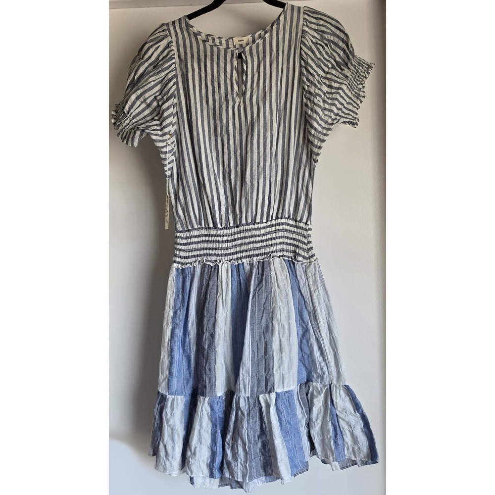 NWT Warm Blue White Striped Mini Dress Short Sleeve Round Neck Resort Boho Coast